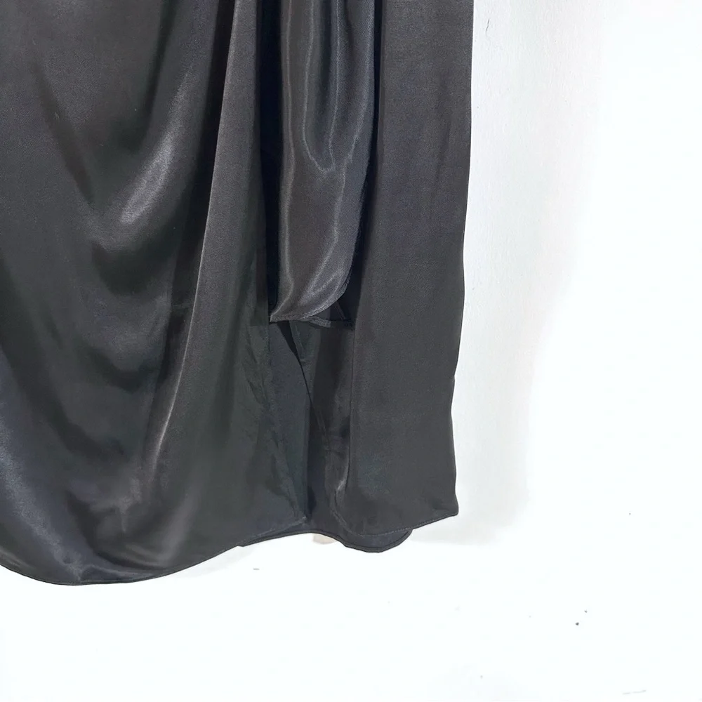 Piombo Silky Satin Faux Wrap Midi Skirt Ruching Front Slit In Black Sz 8 NWT